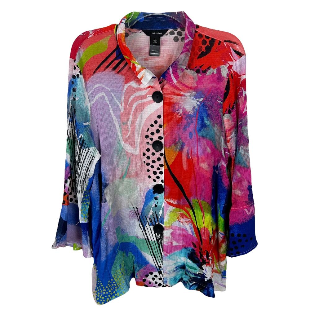 Ali Miles Lagenlook Multicolor Patterned Collared Button Front Blouse L